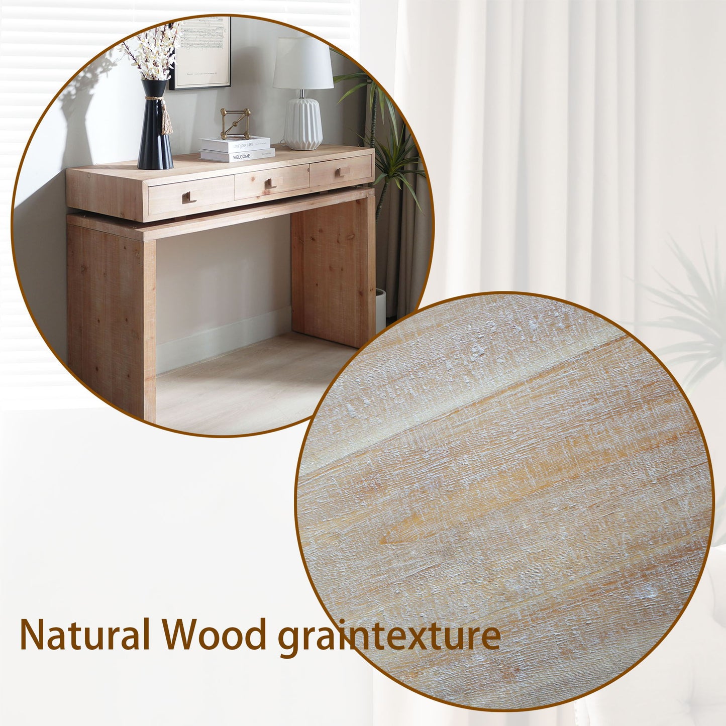 Rustic Wood Console Table With 3 Drawers Entryway Table For Hallway, Foyer, Or Office - Natural / Natural & Light Brown / Natural Wood / Natural Wood Wash / Natural / Rustic