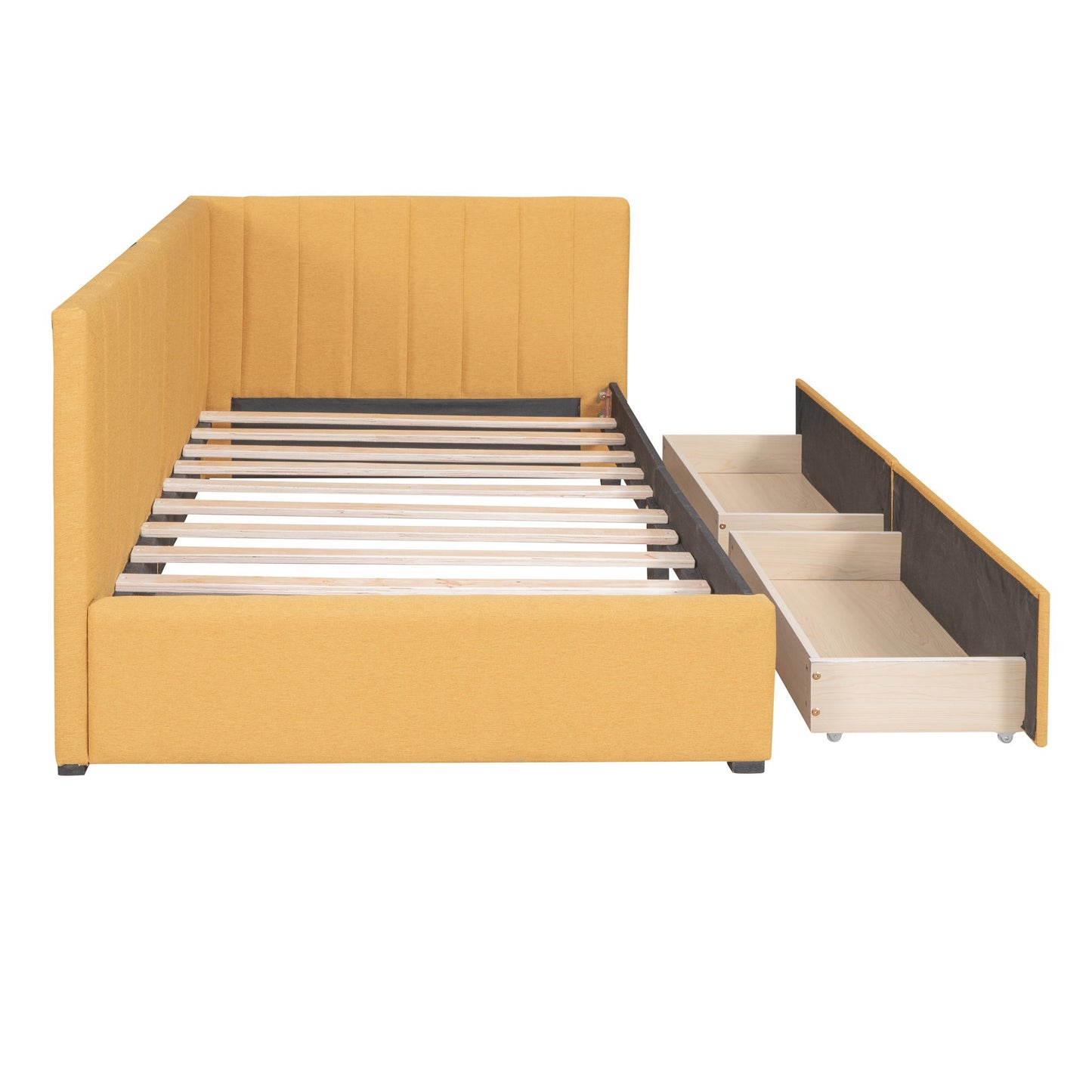 Twin Size Upholstered Daybed With 2 Storage Drawers, Sofa Bed Frame No Box Spring Needed - Yellow