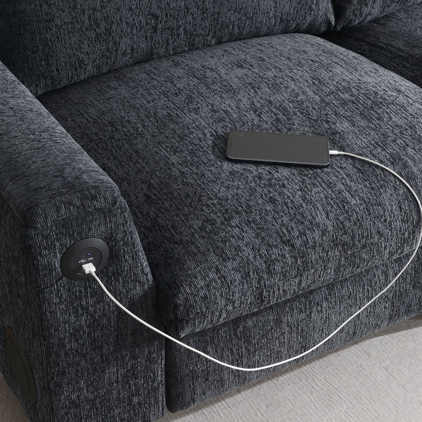 Sectional With Bluetooth Speaker Comfy Cloud Couch Set With Drop Down Table Cup Holders, USB Charger Storage Armrest Wide Seat Sofa - Dark Gray