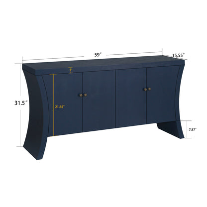 Refined Industrial 4 Door Credenza With Wooden Arc Legs & Bronze Clasps, Advanced Storage Design - Navy Blue