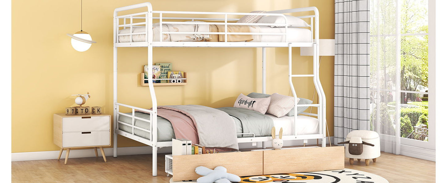 Full Long Over Queen Bunk Bed With 2 Drawers - White