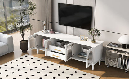 Retro TV Stand For TVs Up To 75", Entertainment Center Media Console With Fluted Glass Doors And 5 Solid Wood Legs For Living Room - White
