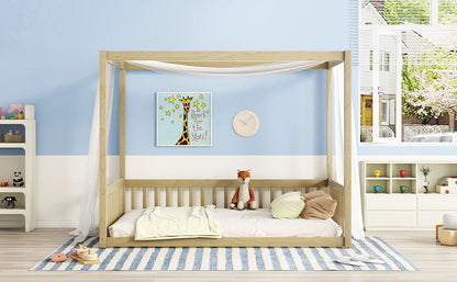 Full Size Canopy Frame Floor Bed With Fence, Guardrails - Natural