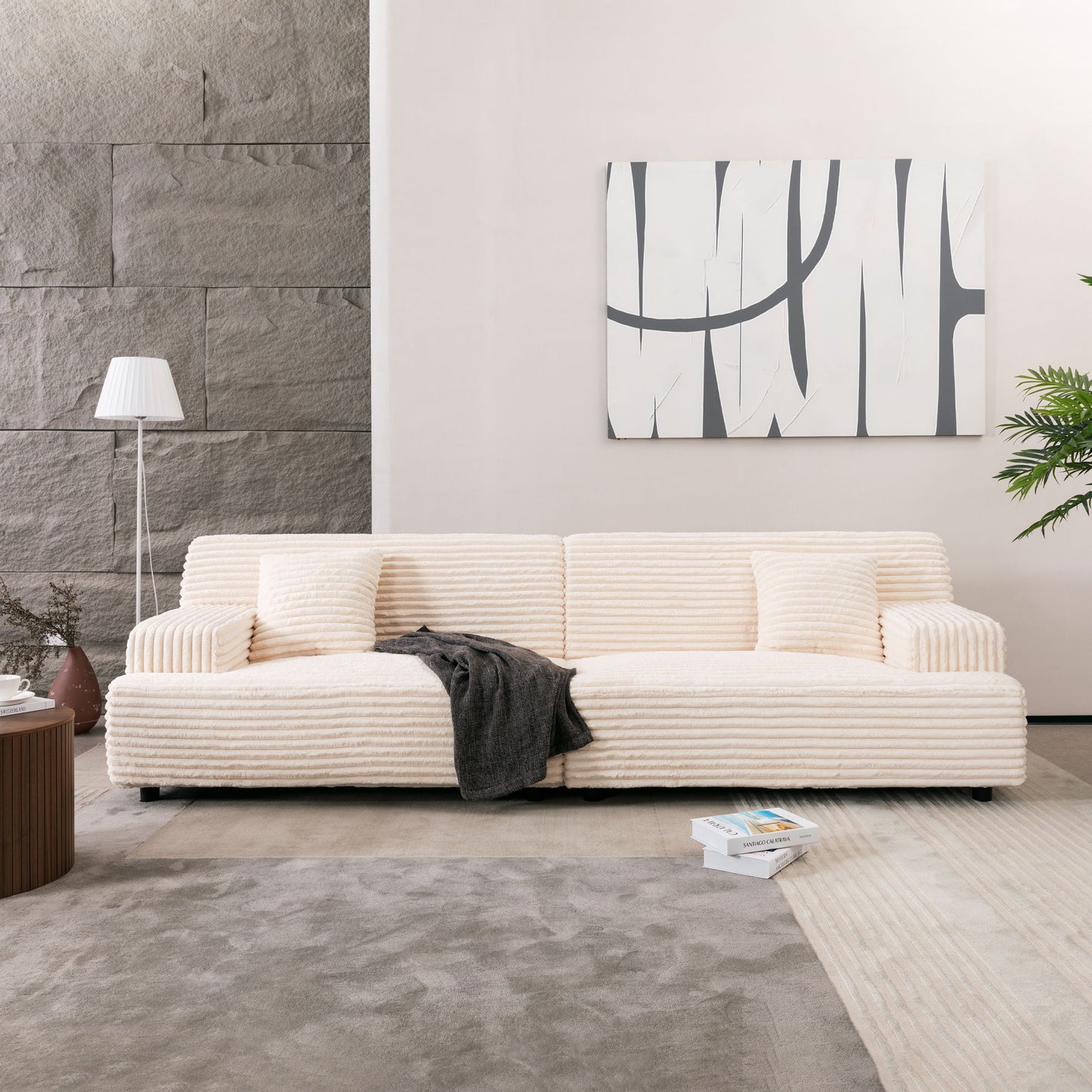 Modern Sofa Comfortable Cloud Sofa Soft Plush Corduroy Interior With Square Armrests - Beige