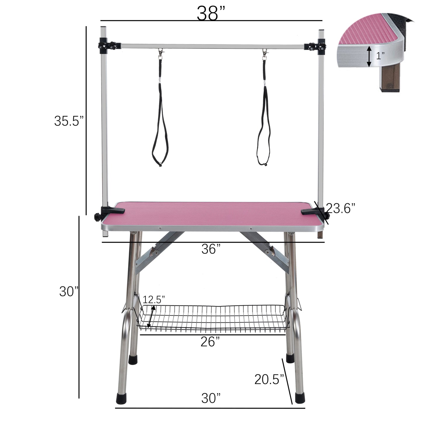 Folding Dog Pet Grooming Table Stainless Steel Frame Rubber Mat On Board, With Adjustable Arm And Clamps Pet Dog Cat Grooming Table - Pink