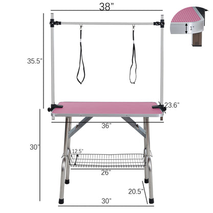 Folding Dog Pet Grooming Table Stainless Steel Frame Rubber Mat On Board, With Adjustable Arm And Clamps Pet Dog Cat Grooming Table - Pink