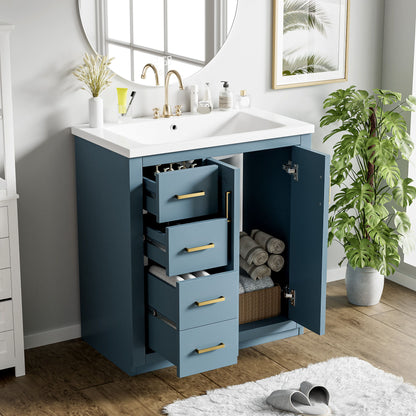 Bathroom Vanity With Ceramic Sink Combo, Frame Bathroom Storage Cabinet, Freestanding Vanity Set With 3 Drawers & Soft Closing Doors - Indigo