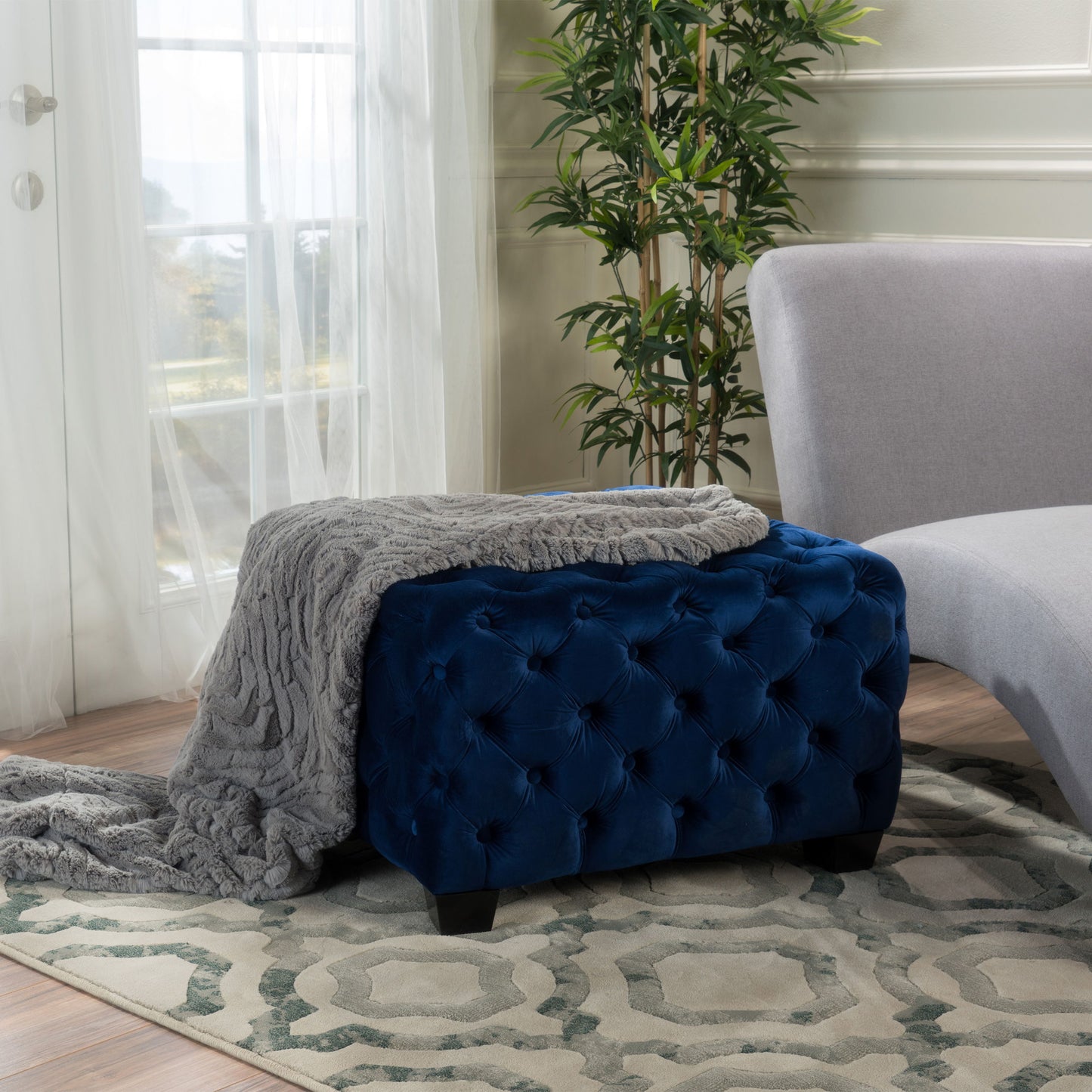 Modern Glam Ottoman With Velvet Upholstery And Button Tufted Design - Navy Blue
