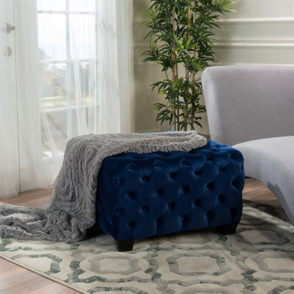 Modern Glam Ottoman With Velvet Upholstery And Button Tufted Design - Navy Blue