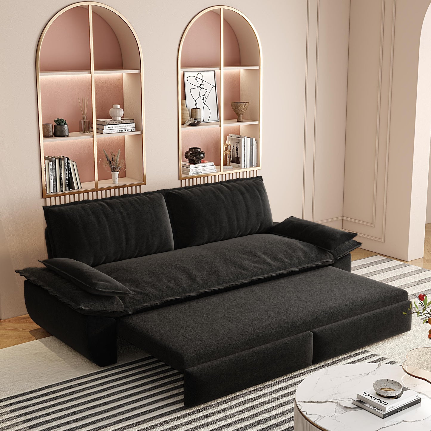 Queen Pull Out Sofa Bed, 3 In 1 Convertible Sleeper Sofa Multifunctional Velvet Loveseat Bed - Black