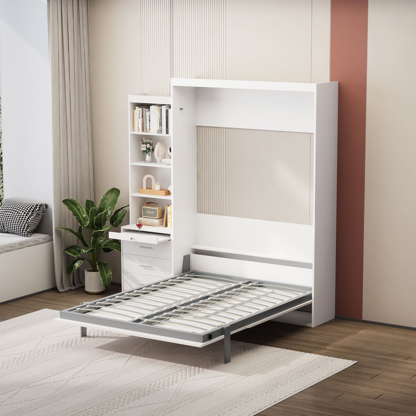 Morden Deisgn Full Size Vertical Murphy Bed With Shelf And Drawers For Bedroom Or Guestroom Wall Bed Space Saving Hidden Bed With New Style Gas Struts - White