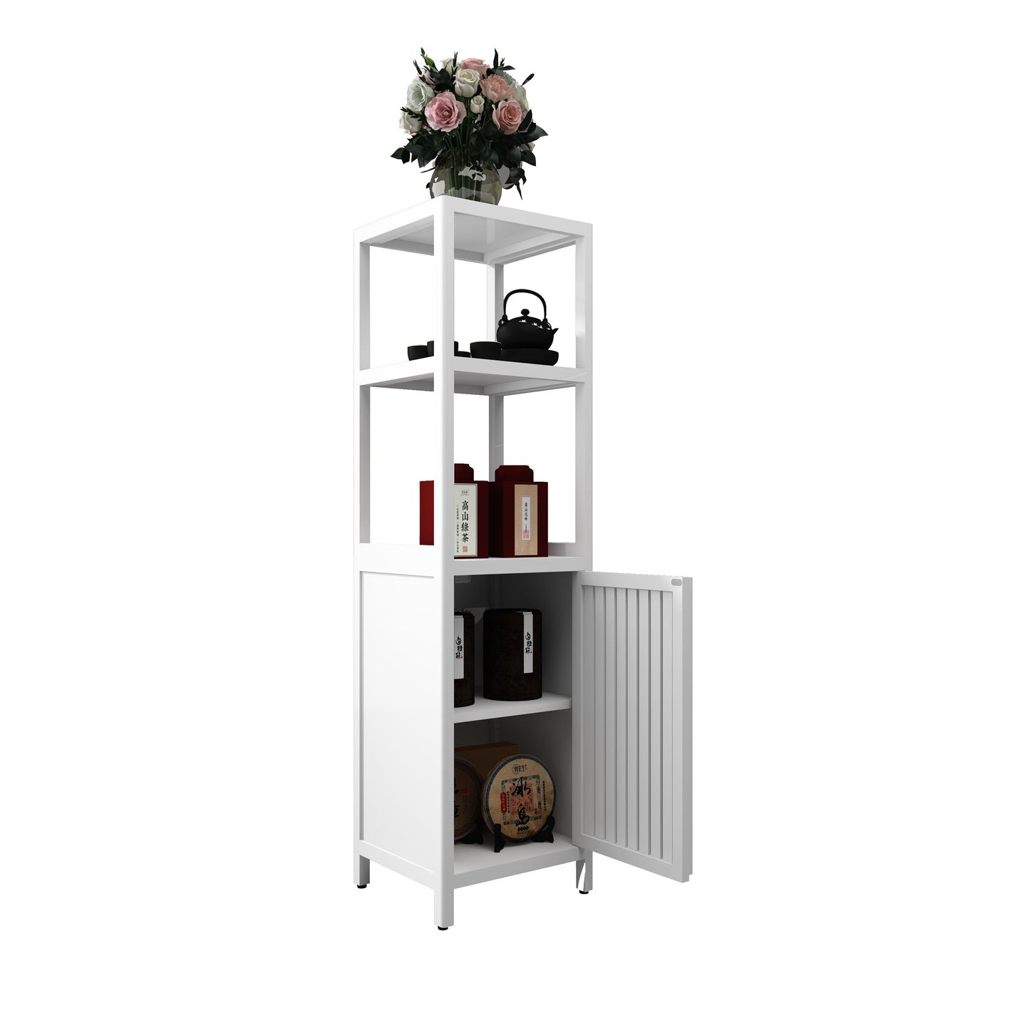 Bamboo Storage Cabinet With Tall Linen Tower, Multi Functional For Bathroom And Living Spaces - White