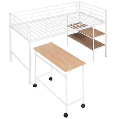 Twin Size Loft Bed With Desk And Shelves - White