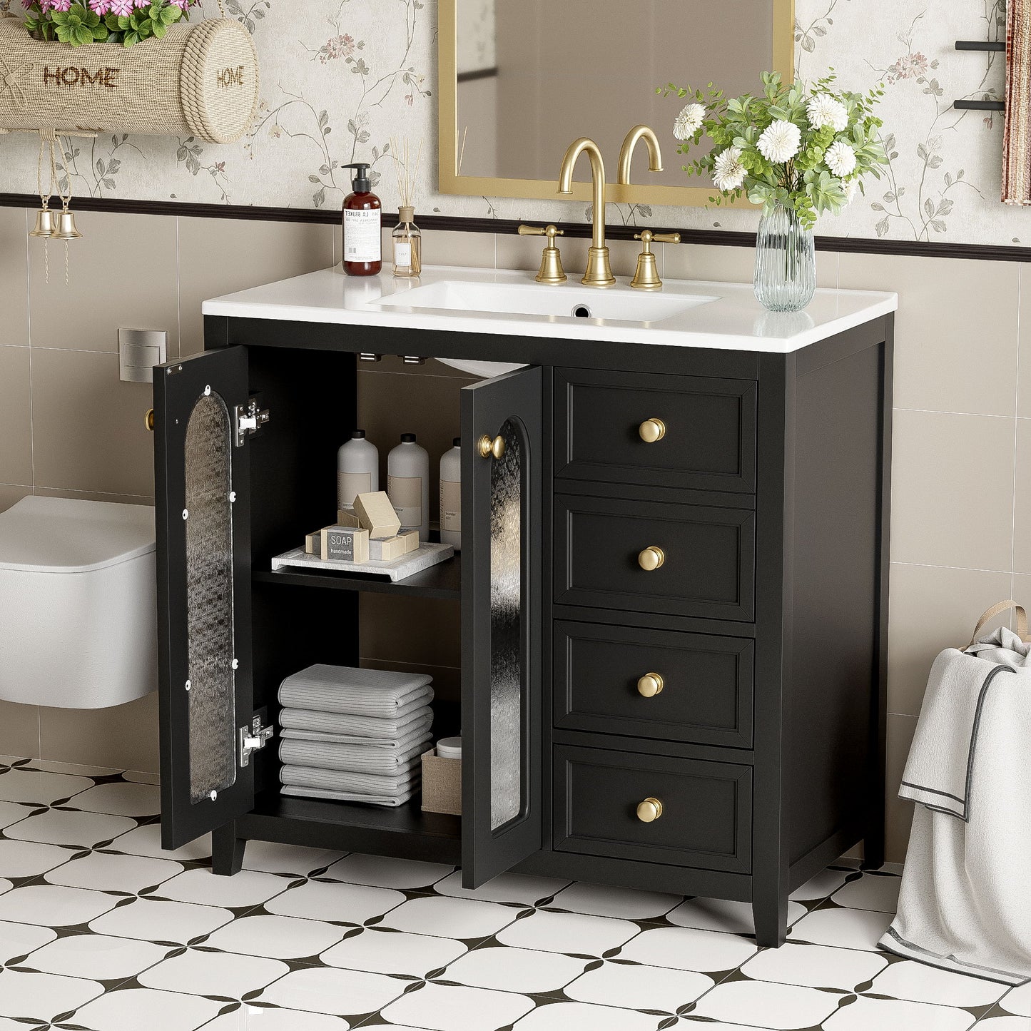 Bathroom Vanity With Two Soft Close Doors, Adjustable Shelves And Three Drawers - Black