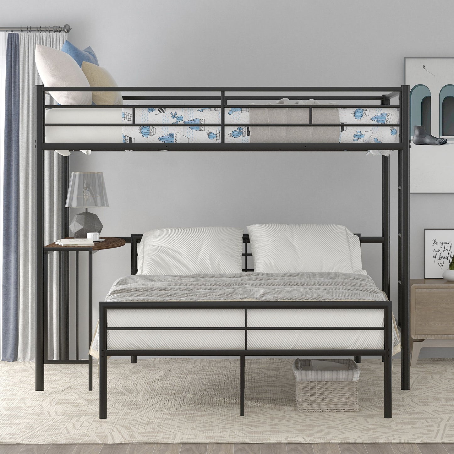 Twin Over Full Metal Bunk Bed With Desk, Ladder And Quality Slats For Bedroom - Metallic Black