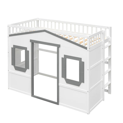 Twin Size House Loft Bed With Ladder - White / Gray