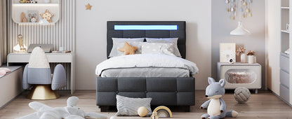 Twin Size Upholstered Platform Bed With LED Frame And 2 Drawers - Gray
