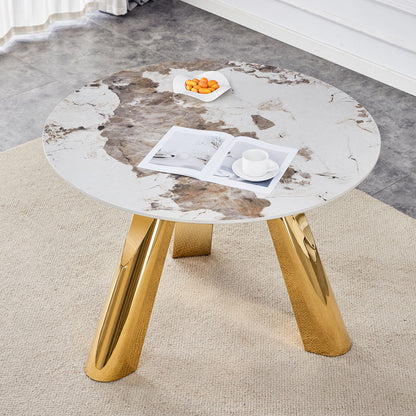 Stainless Steel Pattern Burning Stone Round Table Suitable For 2, 4 Or 6 People - Gold / White