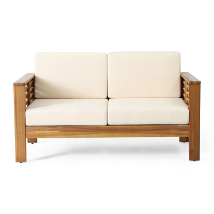 Acacia Wood Loveseat And Coffee Table Set With Cushions - Brown