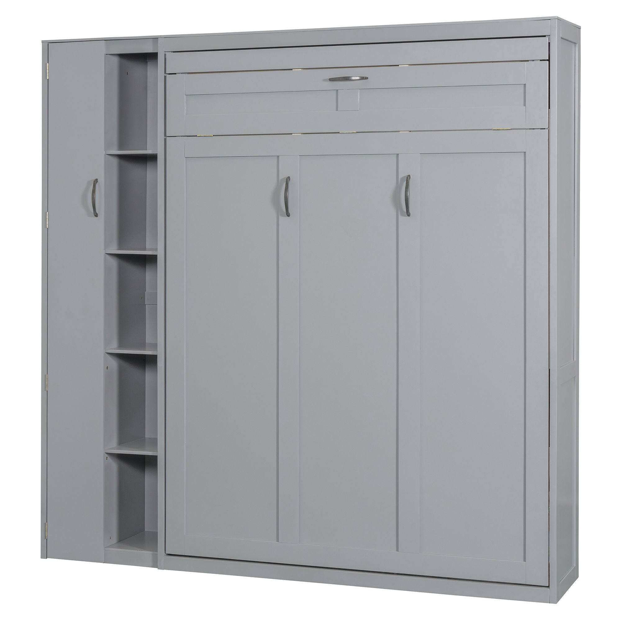 Full Size Murphy Wall Bed With Shelves, Wardrobe And LED Lights - Gray