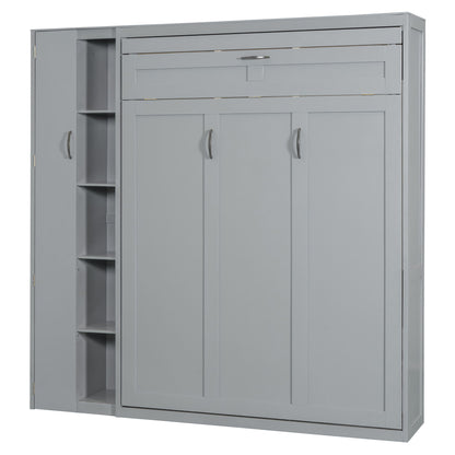 Full Size Murphy Wall Bed With Shelves, Wardrobe And LED Lights - Gray