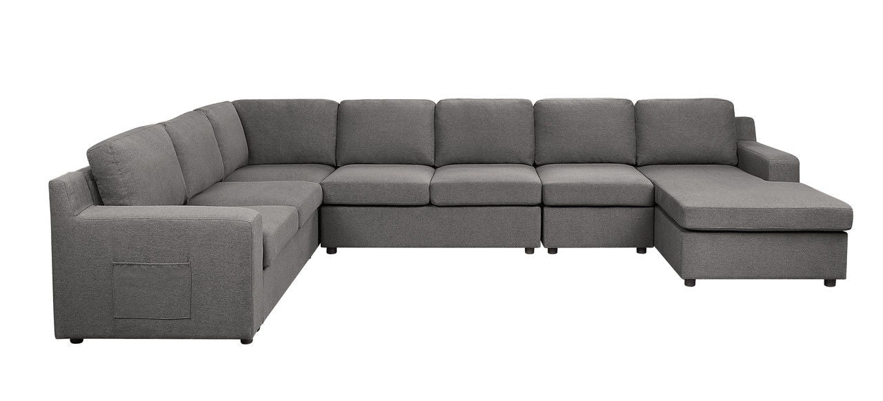 Waylon - 7 Seater U-Shape Sectional Sofa Chaise With Pocket - Gray