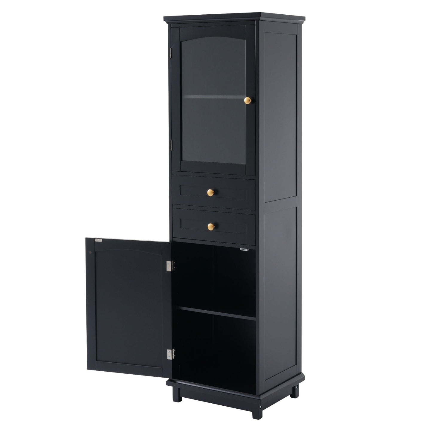 Tall Bathroom Storage Cabinet With Glass Doors, Free-Standing, Two Drawers, And Adjustable Shelves, MDF Board, Painted Perfect For Displaying Your Favorite Items - Black