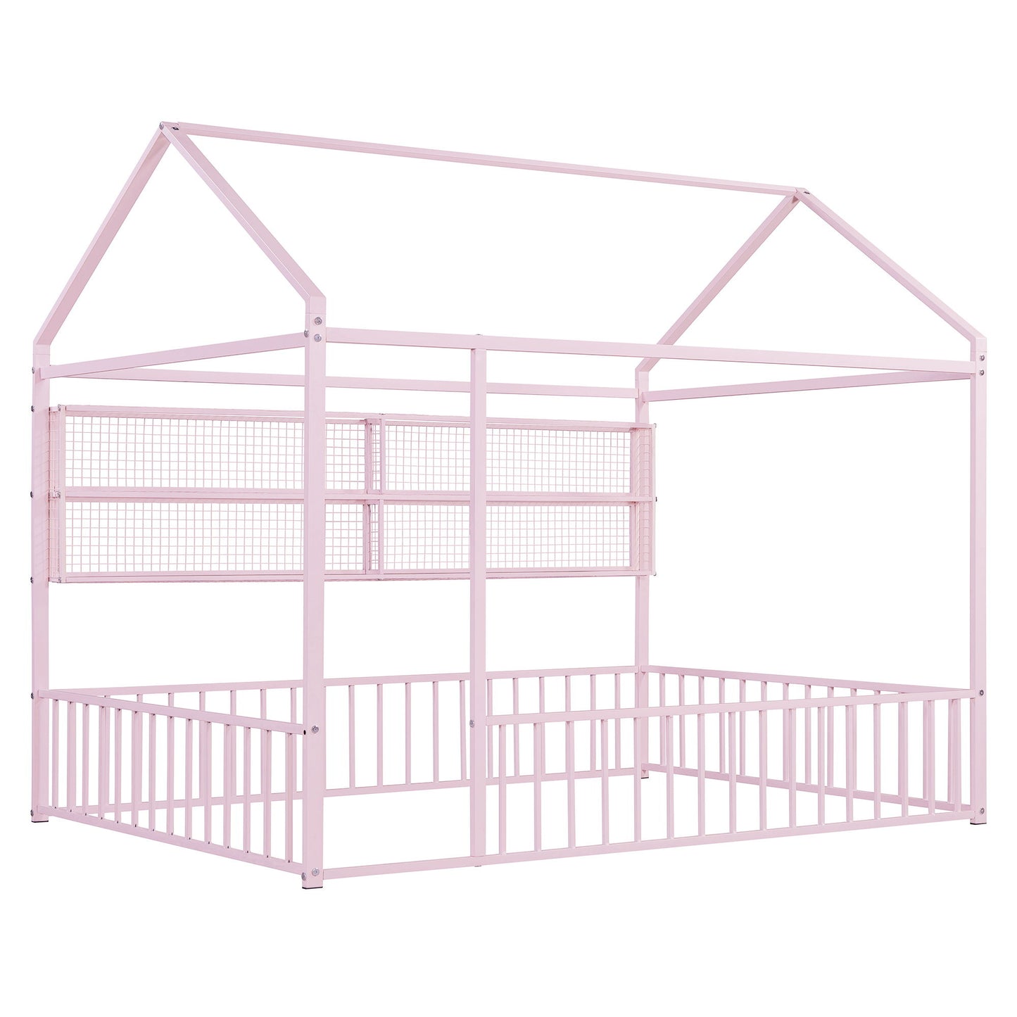 Full Size Bed House Frame With Fence And Shelves - Pink