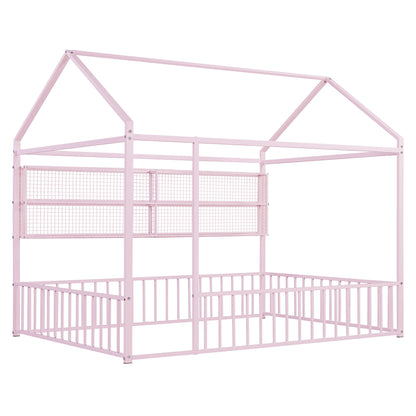 Full Size Bed House Frame With Fence And Shelves - Pink