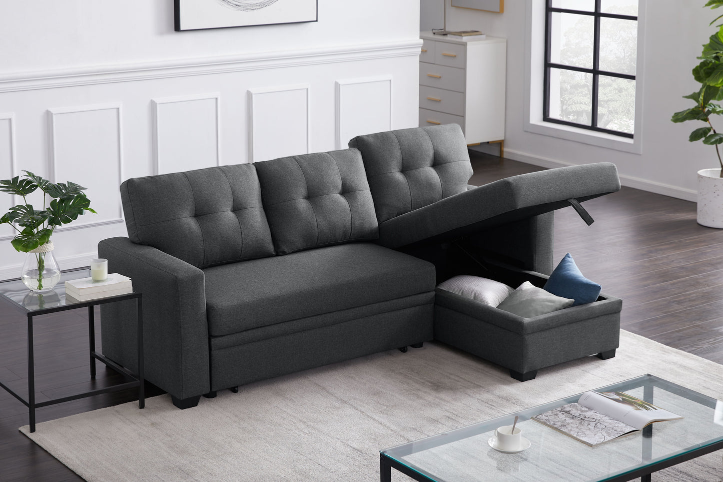 Upholstered Pull Out Sectional Sofa & Chaise - Dark Gray