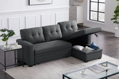 Upholstered Pull Out Sectional Sofa & Chaise - Dark Gray