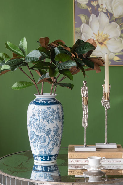 Round Side Table With Elegant Foral Design And Mirrored - Silver Multi