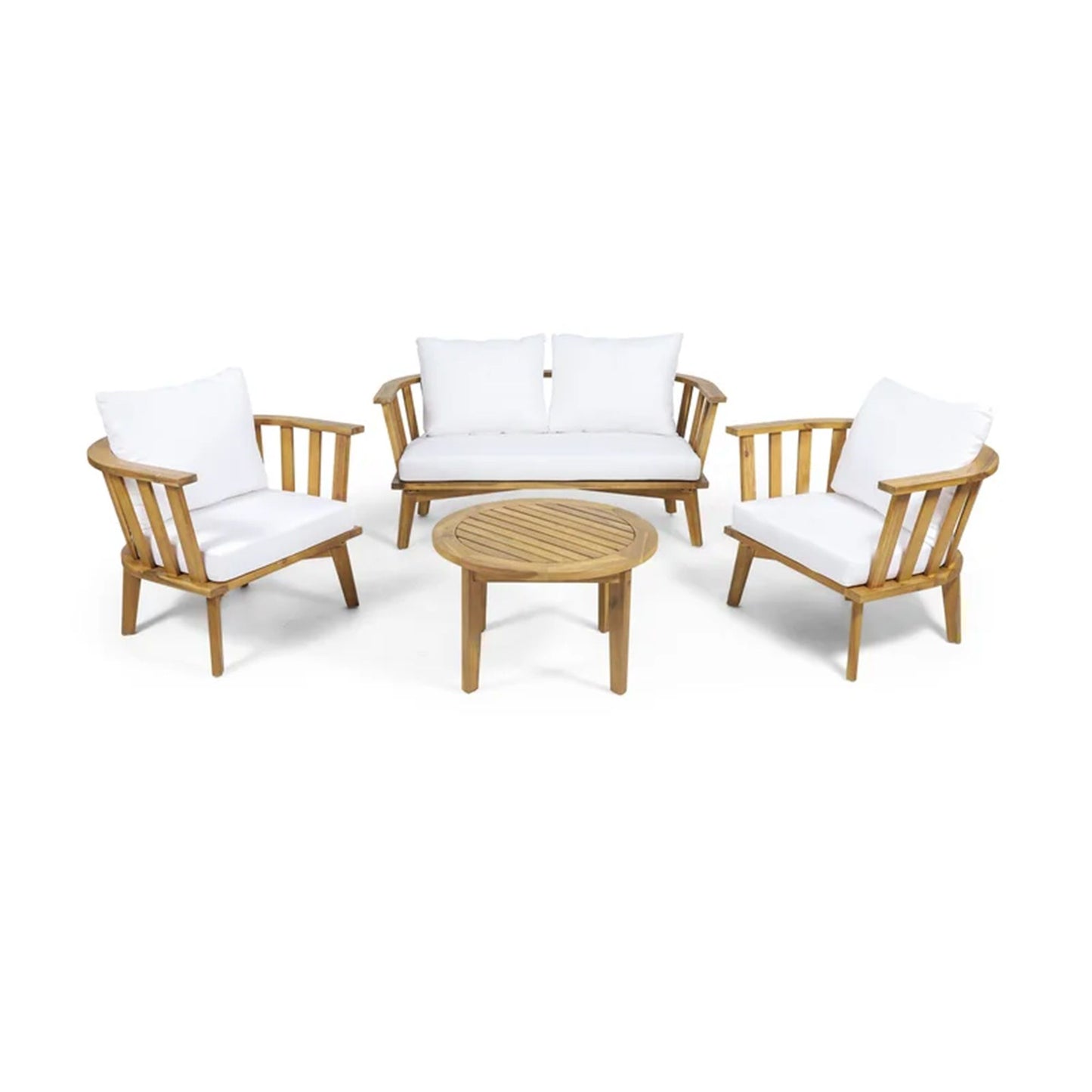 4 Pieces Acacia Wood Patio Furniture Set, Outdoor Furniture With Coffee Table, Patio Conversation Set Deep Seating With Soft Cushion, Porch Chairs For Backyard Porch Balcony - Teak / White