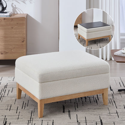 Upholstered Storage Ottoman With Reversible Lid Coffee Table, Foot Stool Square Footrest With Rubberwood Legs For Living Room Bedroom Entryway And Office - Ivory