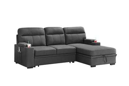 Kaden - Sleeper Sectional Sofa Chaise With Storage Arms And Cupholder - Gray