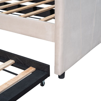 Twin Size Upholstered Daybed Sofa Bed With Trundle And Slat - Beige