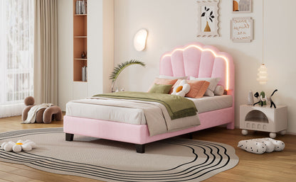 Twin Size Upholstered Flower-Shape Bed, Elegant Flowers Headboard With LED Light Strip, Sherpa Fabric Platform Bed With Slats Support - Pink