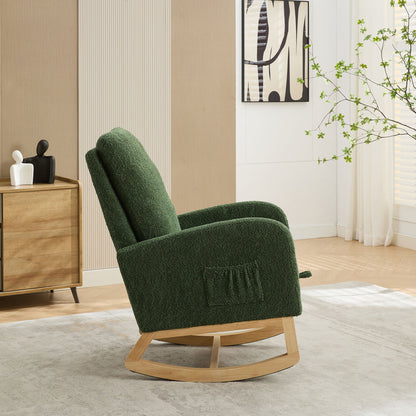 Boucle High Back Glider Rocking Chair With Retractable Footrest And Rubber Wood Legs For Nursery And Living Room - Green