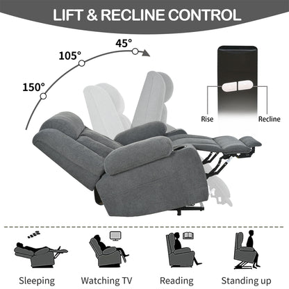 Power Lift Recliner Chair - Fabric Single Sofa With Extended Footrest, Remote Control, Cup Holders, And Side Pockets For Living Room Or Home Theater - Dark Gray