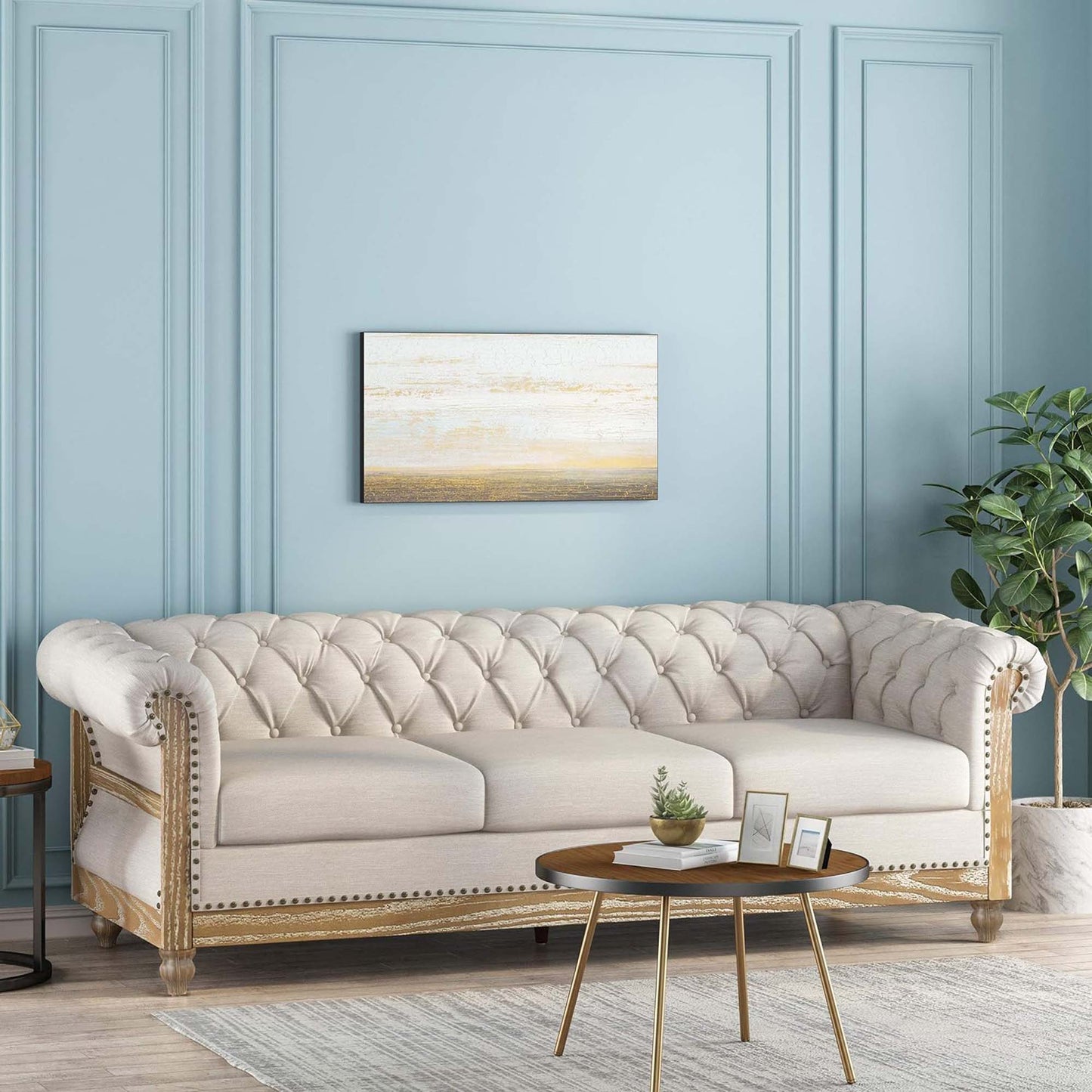 Comfy 3 Seat Sofa With Wooden Legs, Retro Style For Living Room - Beige