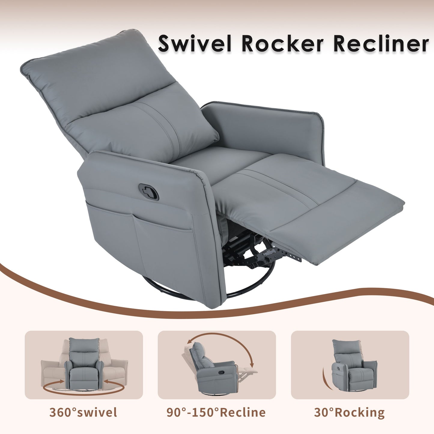 Rocker Recliner Chair, 360ÔøΩÔøΩ Swivel Nursery Rocking Chair, Glider Chair, Modern Small Rocking Swivel Recliner Chair For Bedroom, Living Room Chair Home Theater Seat, Side Pocket - Blue Gray