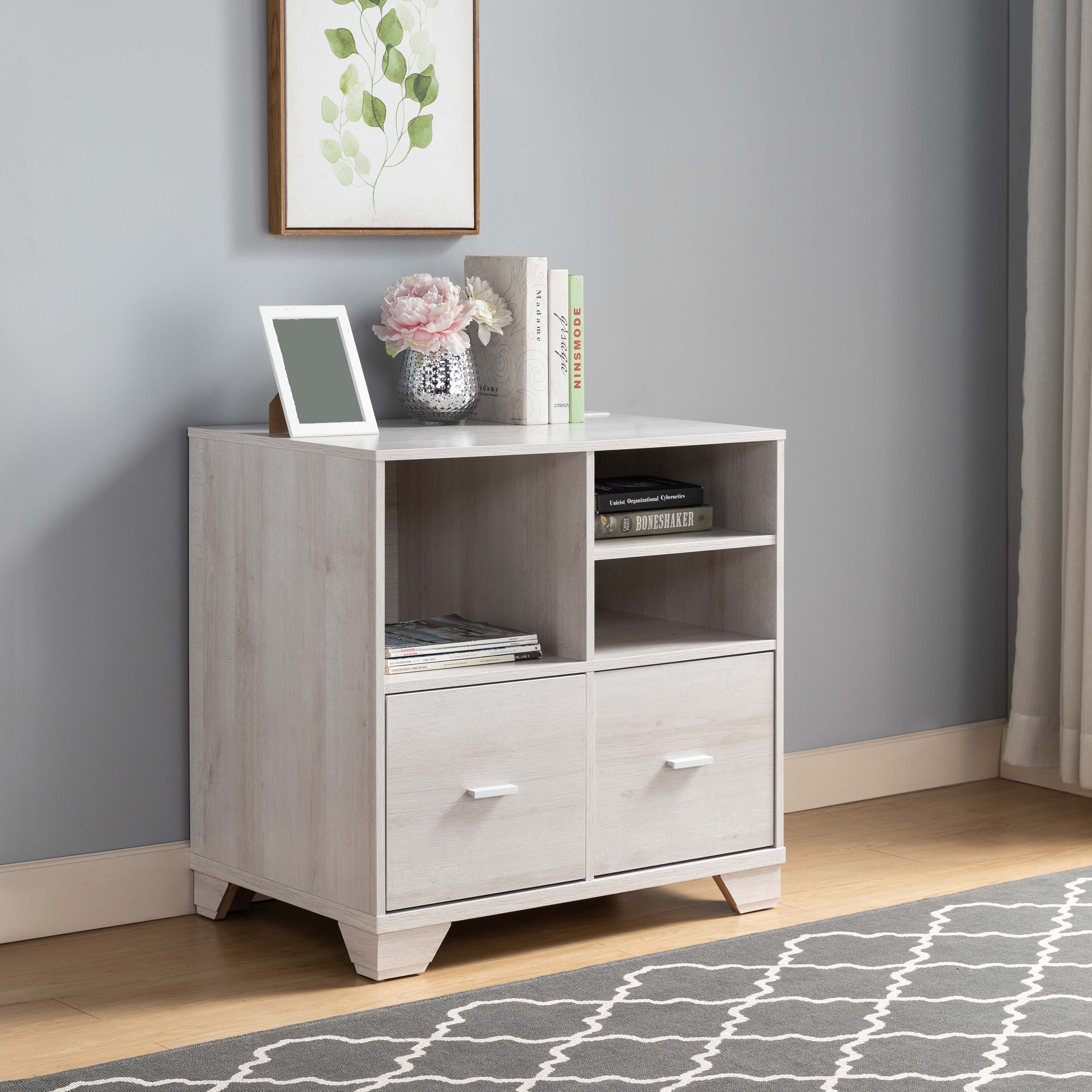 Home Office Printer Stand With Two File Cabinets And Open Shelving - White Oak