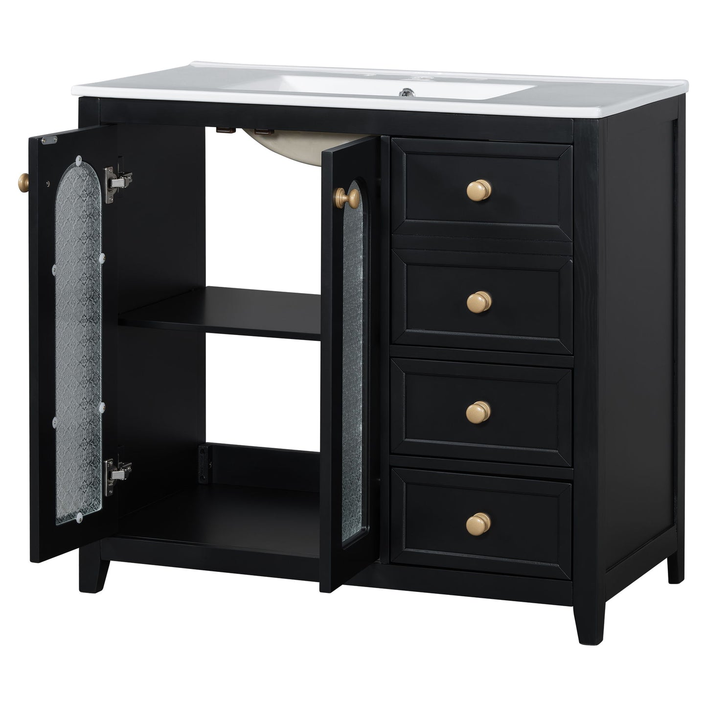 Bathroom Vanity With Two Soft Close Doors, Adjustable Shelves And Three Drawers - Black