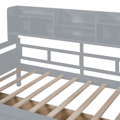 Twin Size Daybed, Slat Support, With Bedside Shelves And 2 Drawers - Gray