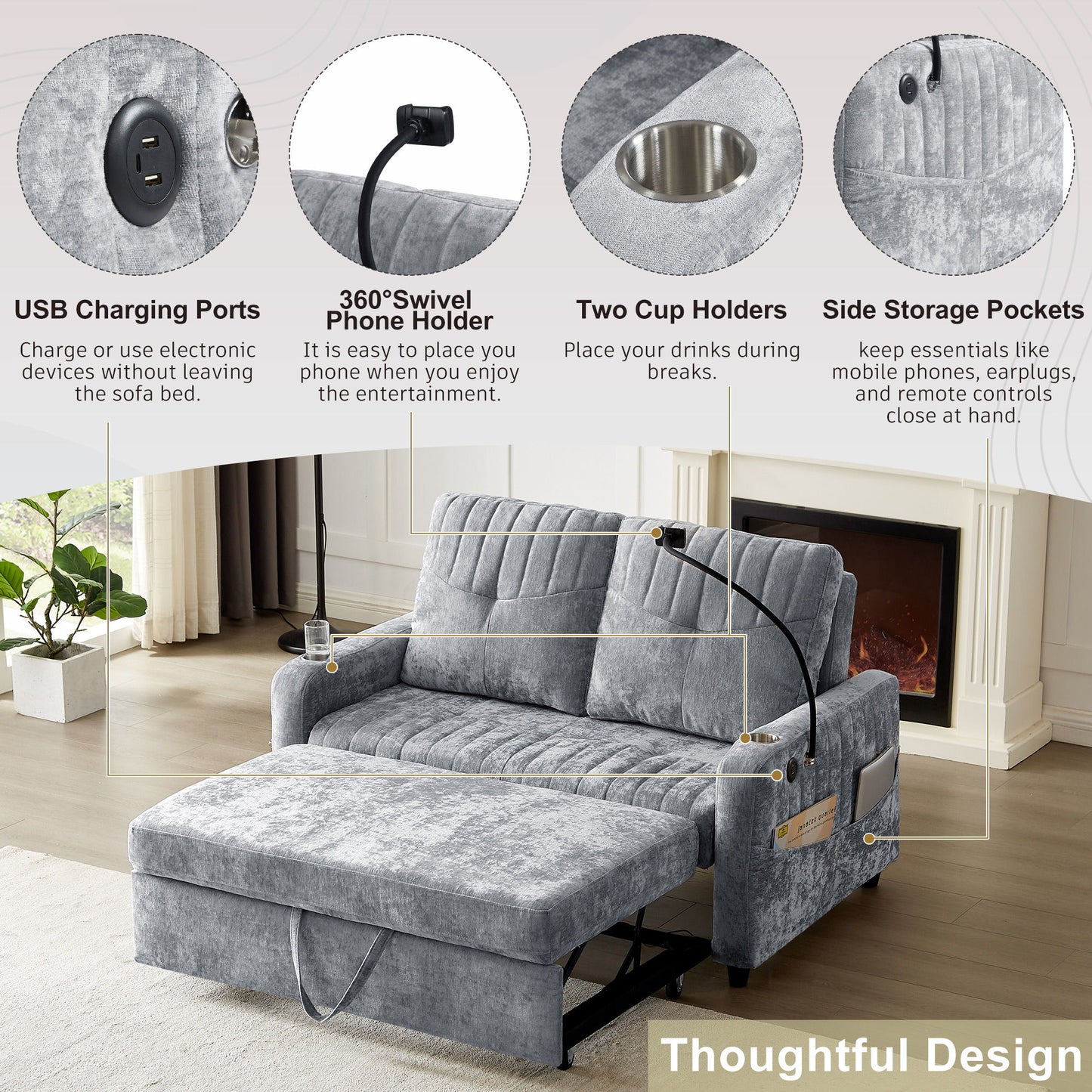 Modern Loveseat Pull Out Sofa Bed With Adjustable Backrest, Two Cup Holders, A Phone Holder, Three Charging Ports And Side Storage Pockets For Living Room - Gray