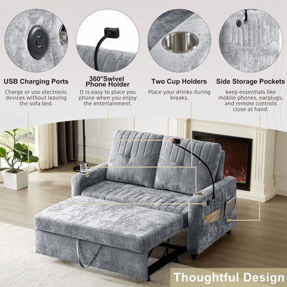 Modern Loveseat Pull Out Sofa Bed With Adjustable Backrest, Two Cup Holders, A Phone Holder, Three Charging Ports And Side Storage Pockets For Living Room - Gray