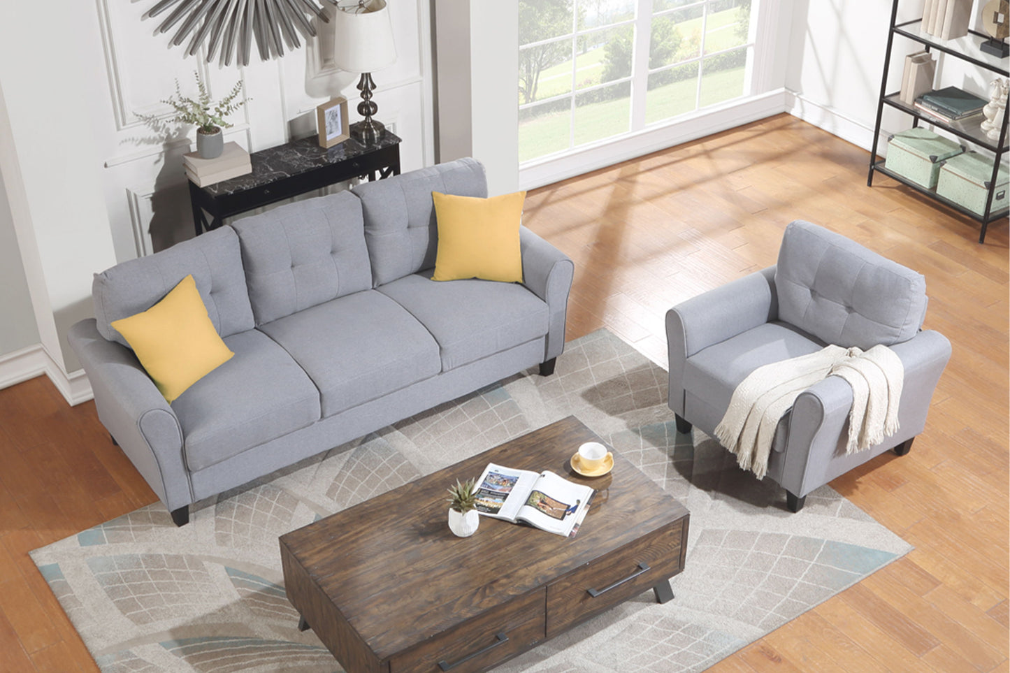 Modern Living Room Sofa Set Linen Upholstered Couch Furniture For Home Or Office - Light Gray / Blue