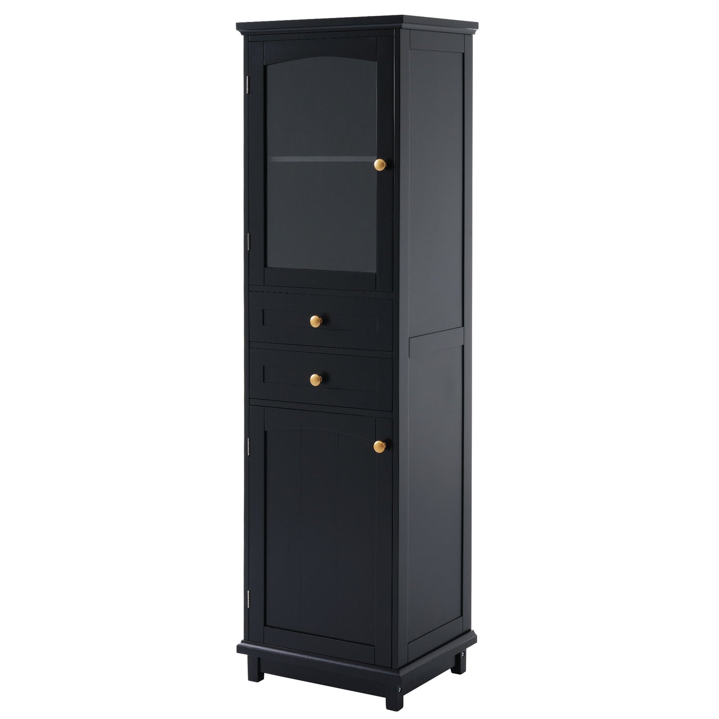 Tall Bathroom Storage Cabinet With Glass Doors, Free-Standing, Two Drawers, And Adjustable Shelves, MDF Board, Painted Perfect For Displaying Your Favorite Items - Black