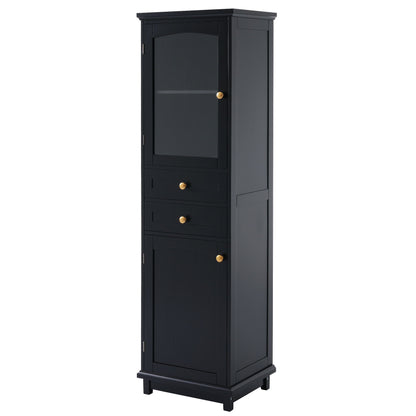 Tall Bathroom Storage Cabinet With Glass Doors, Free-Standing, Two Drawers, And Adjustable Shelves, MDF Board, Painted Perfect For Displaying Your Favorite Items - Black