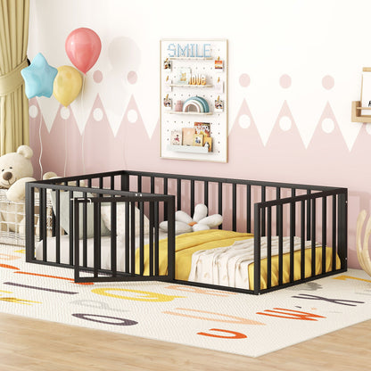Twin Size Floor Bed Frame With Fence And Door - Black